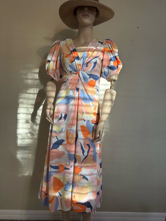 Dresses & Skirts - White Closet Elements Abstract Floral Midi Dress XS Twist Front Puff Sleeve